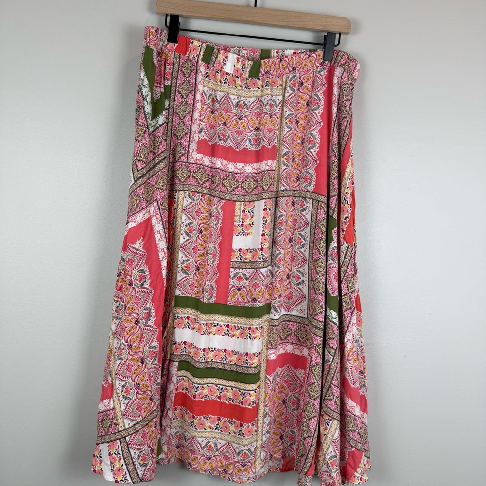 Roz & Ali Midi Skirt Women L Multicolor Abstract Paisley Pull-On Patchwork Boho